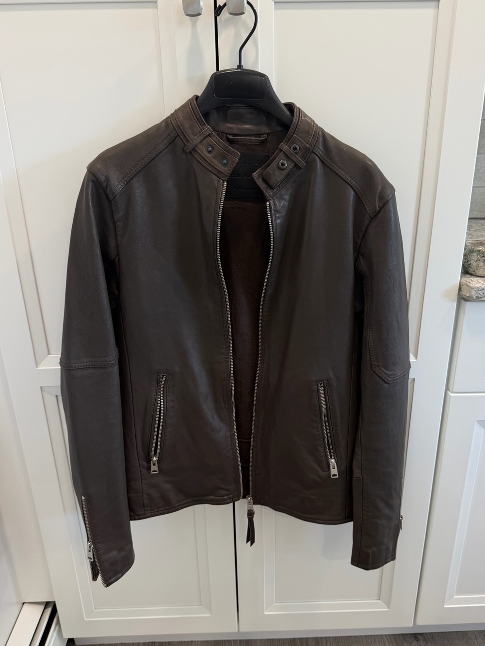 AllSaints Cora Brown Leather Stand-Collar Jacket